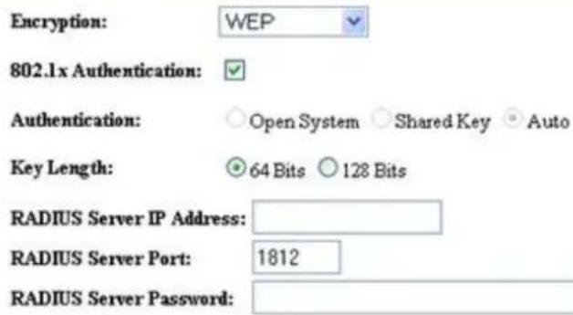 Encryption: WEP 802.1x Authentication: Authentication: Open System Shared Key Auto Key Length: 64 Bits 128 Bits RADIUS Server IP Address: RADIUS Server Port: 1812 RADIUS Server Password: