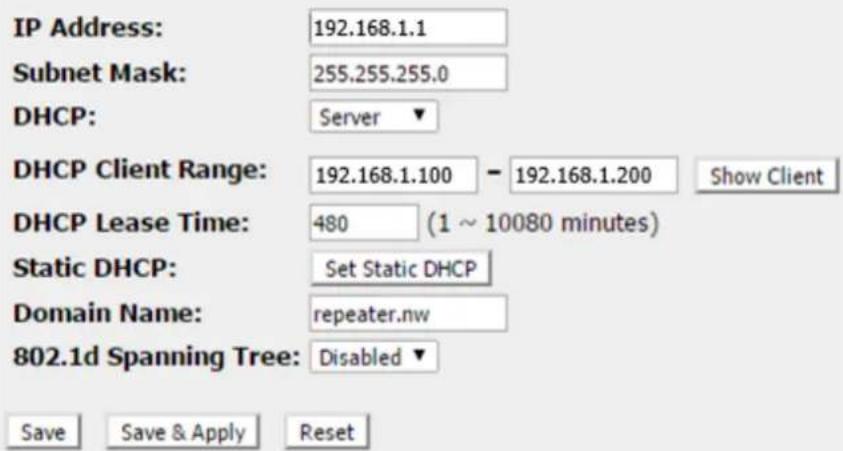IP Address: 192.168.1.1 Subnet Mask: 255.255.255.0 DHCP: Server ▼ DHCP Client Range: 192.168.1.100 - 192.168.1.200 Show Client DHCP Lease Time: 480 (1 ~ 10080 minutes) Static DHCP: Set Static DHCP Domain Name: repeater.nw 802.1d Spanning Tree: Disabled ▼ Save Save & Apply Reset