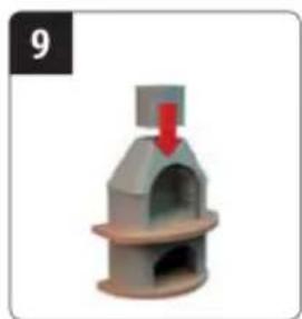 3D model of a traditional stove with a red arrow pointing to the top opening (no text or symbols)