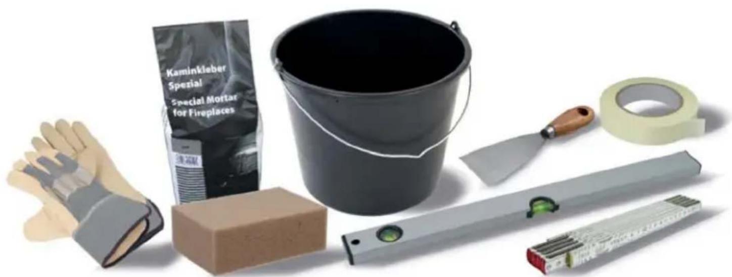 Assorted hand tools including a bucket, tape, and measuring tool (no text or symbols visible)