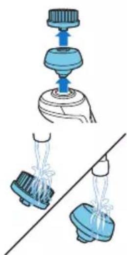 Illustration of a hand holding a water dispenser with a valve, and two blue water droplets hanging from a surface, no text or symbols.