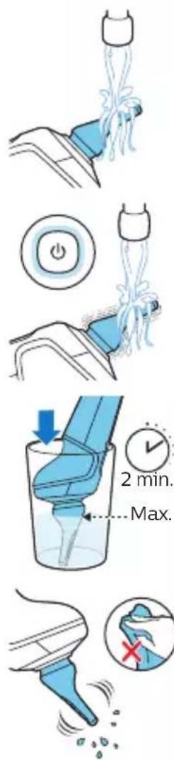 Illustration showing a water pump with action buttons and time-lapse instructions for maximum discharge.