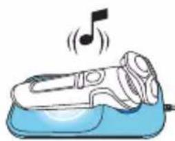 Illustration of a blue electric shaver with a musical note emitting sound waves. No text or symbols.