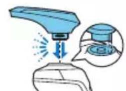 Illustration of a blue spray gun dispensing liquid into a container, with an inset showing the same device.