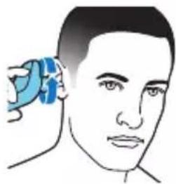 Illustration of a person's head with a blue object near the ear.