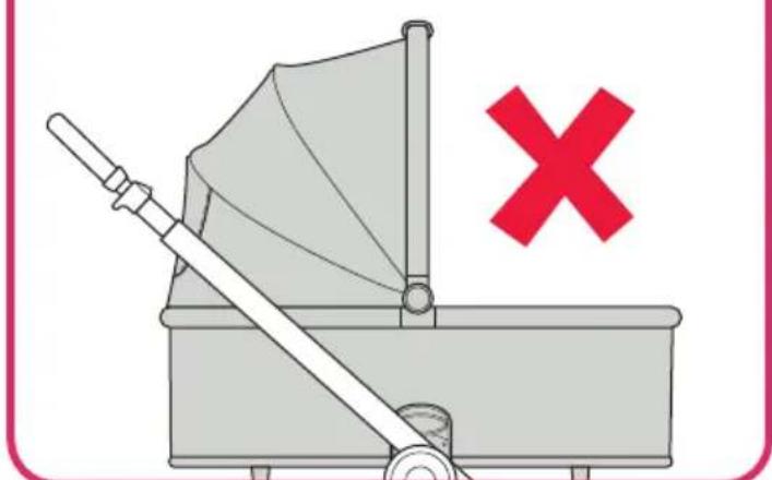 Illustration of a baby walker with a red X mark indicating no text or symbols on the device itself.