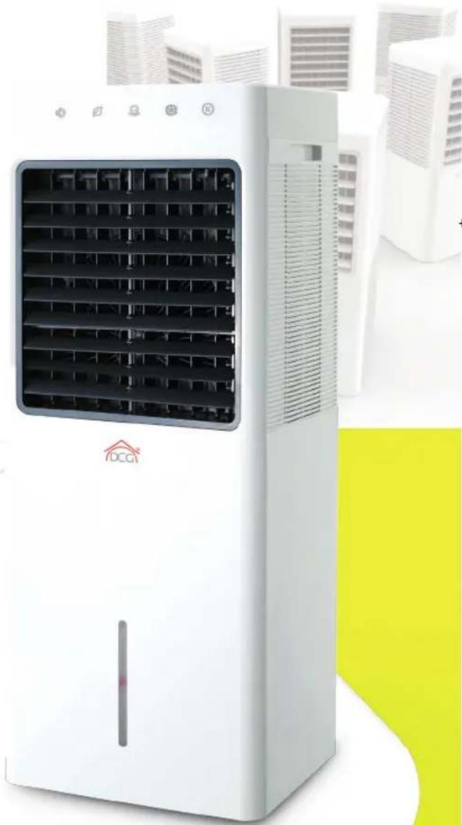 White DCG air conditioner unit with black ventilation slots, displayed against a cityscape background (no visible text or symbols)