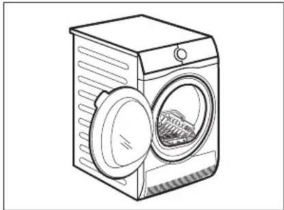 Line drawing of a front-loading washing machine with two wheels (no text or symbols)