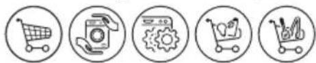 Five circular icons representing shopping and related services, including a cart, phone, gear, and bicycle (no text or symbols)