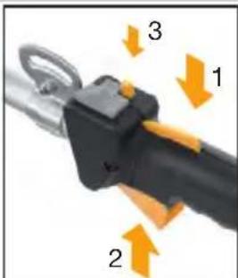 Diagram of a mechanical device with numbered components and directional arrows indicating motion or assembly.