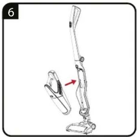 Line drawing of a vacuum cleaner with a red arrow indicating the handle.