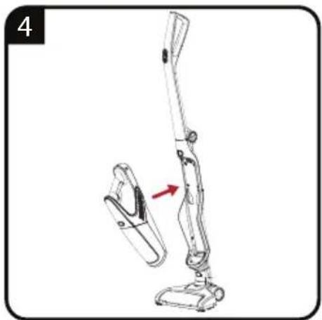 Line drawing of a vacuum cleaner with a red arrow indicating motion (no text or symbols).