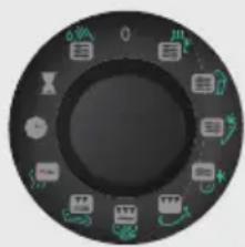 Circular device control panel with icons for buttons, sensors, and display (no readable text or symbols)