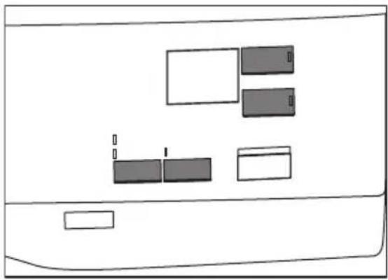 Simple line drawing of a device casing with multiple rectangular components and a central indicator (no text or symbols).
