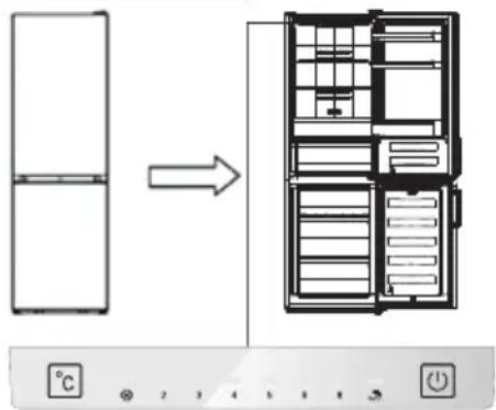 Diagram showing refrigerator interior layout with temperature and control buttons below