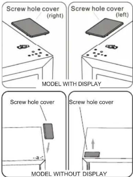 Screw hole cover (right), Screw hole cover (left), MODEL WITH DISPLAY, Screw hole cover, Screw hole cover, MODEL WITHOUT DISPLAY
