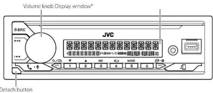 Volume knob, Display window*, SRC, JVC, 1 2 3 4 5 6, Detach button