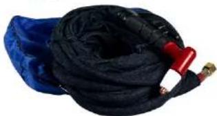 Coiled black hose with red and gold connectors, partially covered by blue fabric (no text or symbols visible)