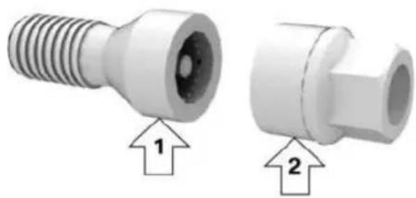 Two 3D mechanical pipe fittings with threaded ends, labeled 1 and 2 (no text or symbols on the parts themselves)