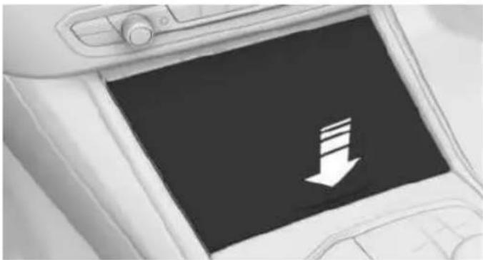Interior view of a car dashboard with a black screen displaying a white downward arrow (no text or symbols)