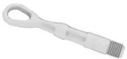 Close-up of a metallic tool with a loop handle and threaded end (no text or symbols visible)