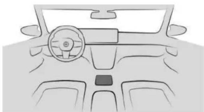 Front view line drawing of a car dashboard and steering wheel (no text or symbols)