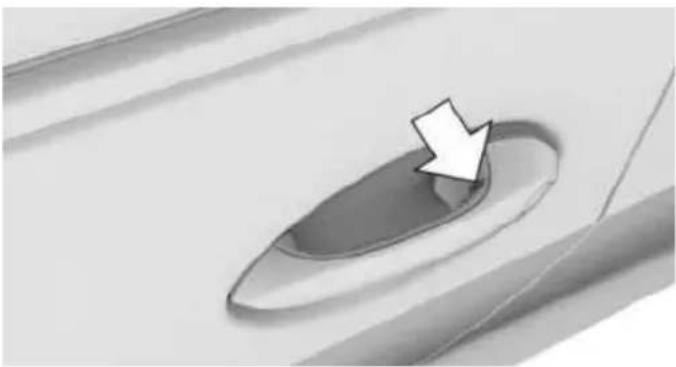 Close-up of a car's side panel with an arrow pointing to the center (no text or symbols visible)