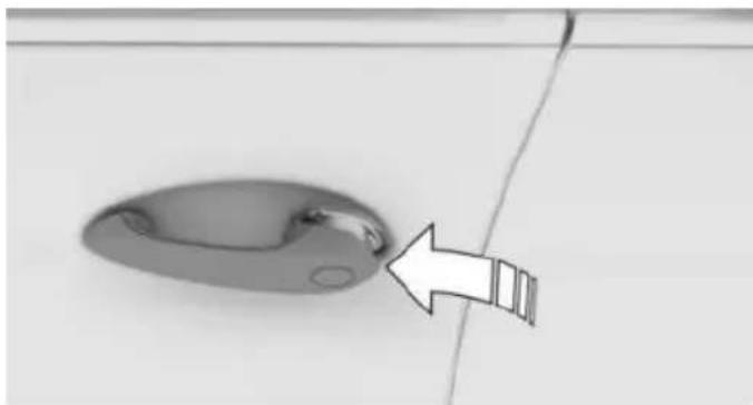 Close-up of a metallic door handle with a white arrow pointing to a small component (no text or symbols visible)