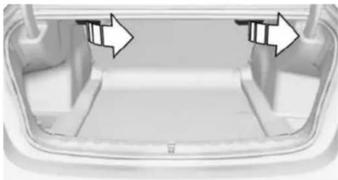 Top-down view of a car trunk with two white arrows pointing to the side of the opening (no text or symbols)