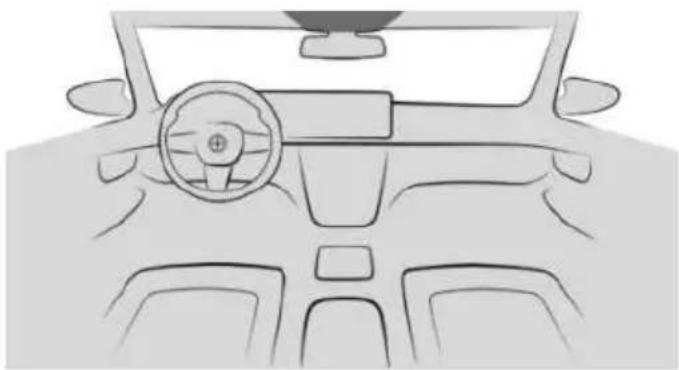 Front view line drawing of a car dashboard and steering wheel (no text or symbols)