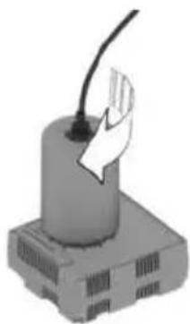 3D illustration of a cylindrical device with a curved cable and a white hand inserting a pin (no text or symbols)