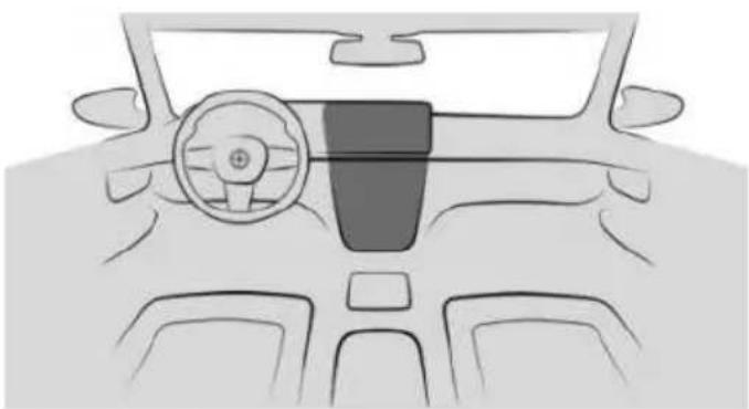 Front view line drawing of a car dashboard and steering wheel (no text or symbols)
