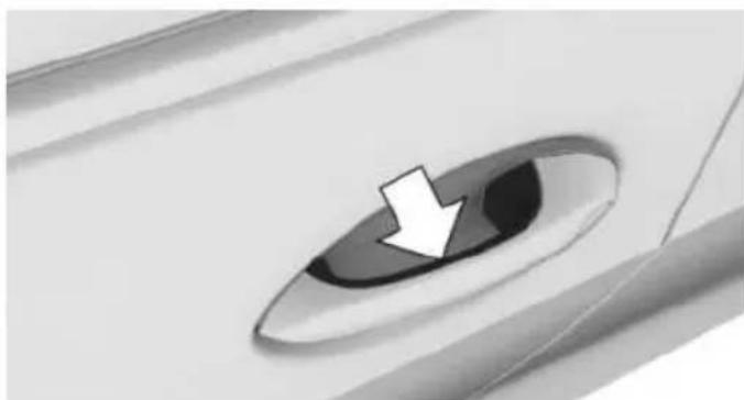 Close-up of a metallic oval object with a white arrow pointing downward, no visible text or symbols