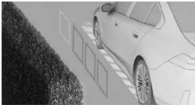 Side view of a white sedan parked beside a hedge and adjacent parking area with windows (no visible text or symbols)