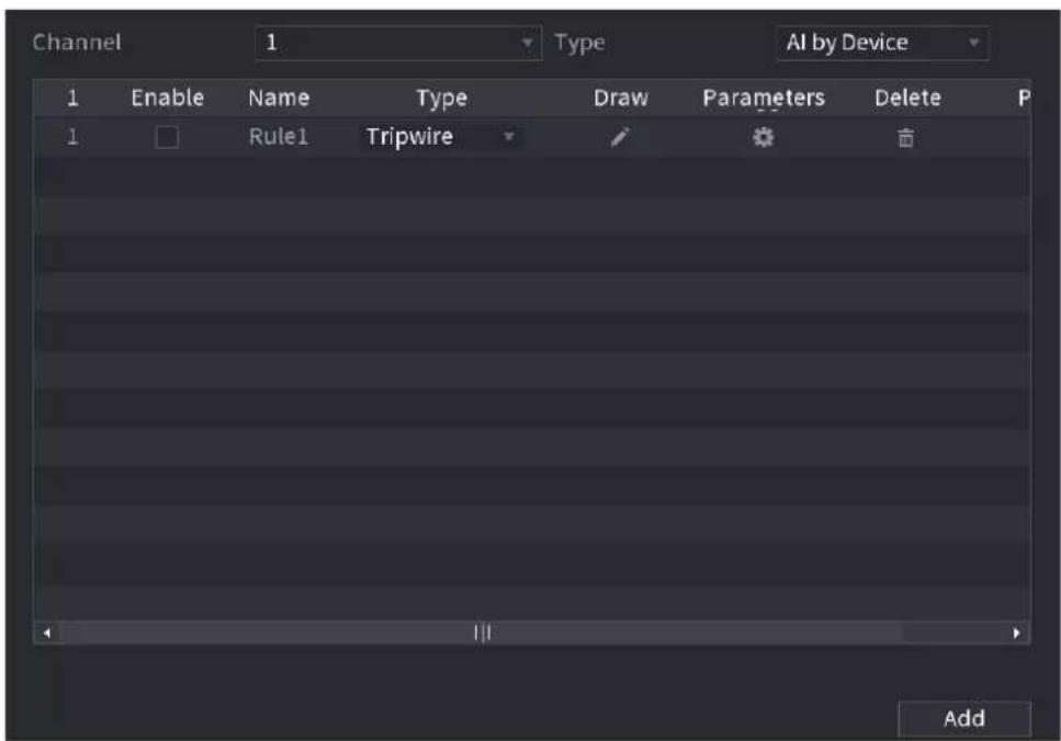 Channel 1 Type AI by Device 1 Enable Name Type Draw Parameters Delete P 1 Rule1 Tripwire Add