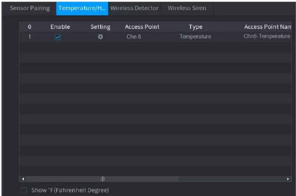 Sensor Pairing Temperature/H... Wireless Detector Wireless Siren 0 Enable Setting Access Point Type Access Point Nam 1 Chn 6 Temperature Chn6-Temperature Show °F(Fahrenheit Degree)
