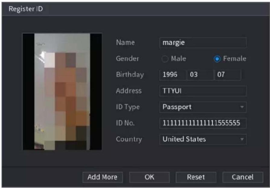 Register ID Name marginie Gender Male Female Birthday 1996 03 07 Address TTYUI ID Type Passport ID No. 111111111111111555555 Country United States Add More OK Reset Cancel