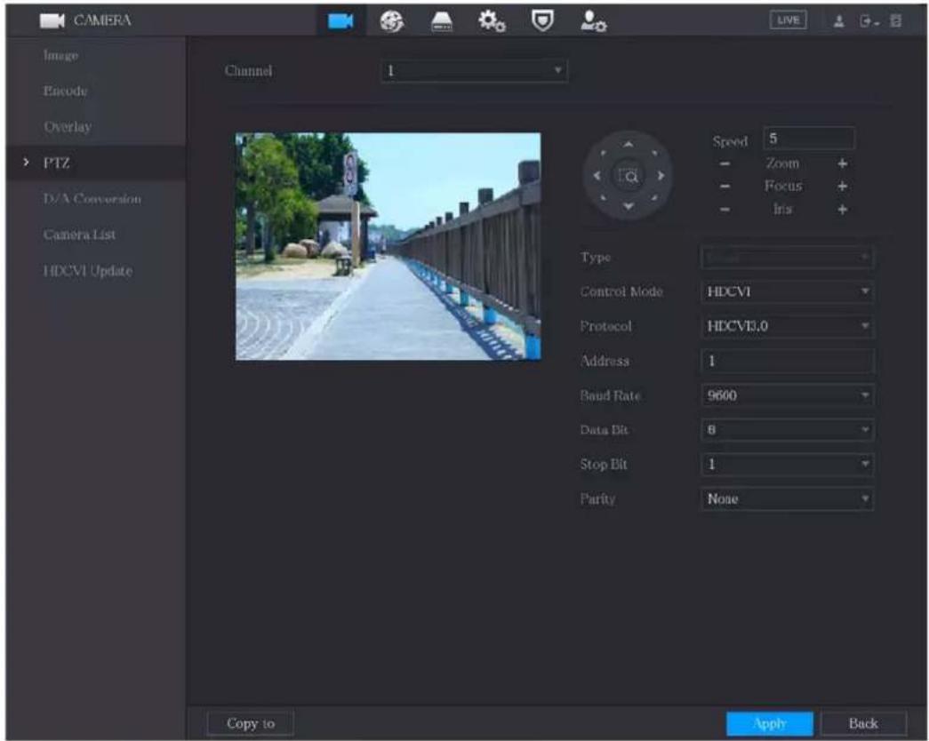 CAMERA Image Encode Overlay PTZ D/A Conversion Camera List HDCVI Update Channel 1 Speed 5 Zoom + Focus + Ins + Type Control Mode HDCVI Protocol HDCVT3.0 Address 1 Band Rate 9600 Data Bit 8 Stop Bit 1 Parity None Copy to Apply Back