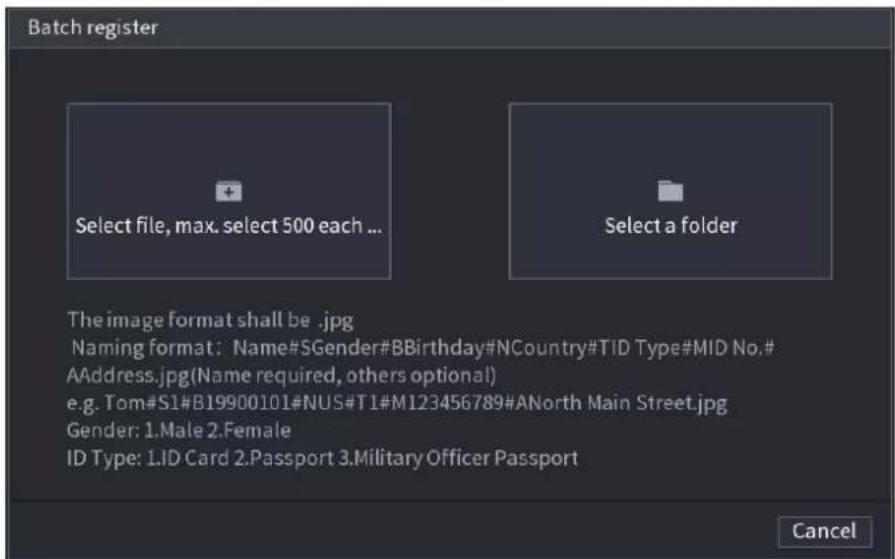Batch register Select file, max. select 500 each ... Select a folder The image format shall be .jpg Naming format: Name#SGender#BBirthday#NCountry#TID Type#MID No.# AAddress.jpg(Name required, others optional) e.g. Tom#S1#B19900101#NUS#T1#M123456789#ANorth Main Street.jpg Gender: 1.Male 2.Female ID…