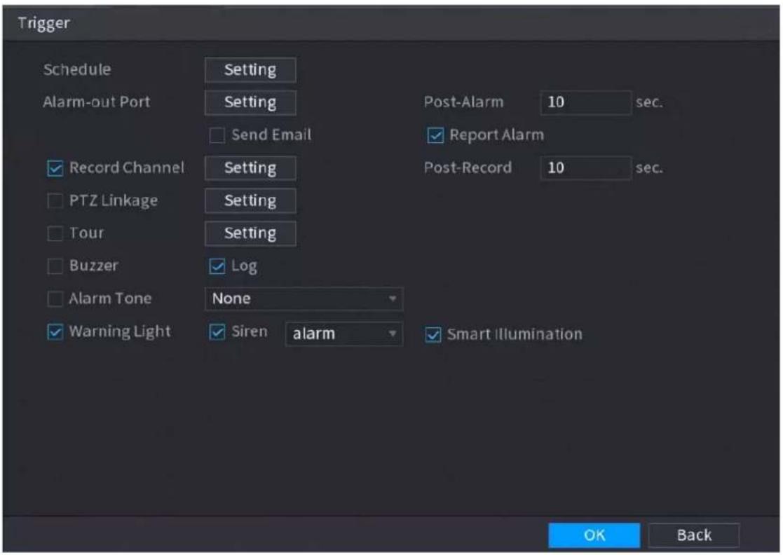 Trigger Schedule Setting Alarm-out Port Setting Post-Alarm 10 sec. Send Email Report Alarm Record Channel Setting Post-Record 10 sec. PTZ Linkage Setting Tour Setting Buzzer Log Alarm Tone None Warning Light Siren alarm Smart Illumination OK Back