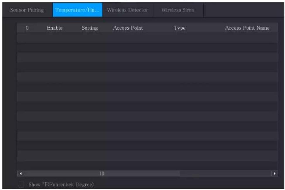 Sensor Pairing Temperature/Hu... Wireless Detector Wireless Siren 0 Enable Setting Access Point Type Access Point Name Show °F(Fahrenheit Degree)