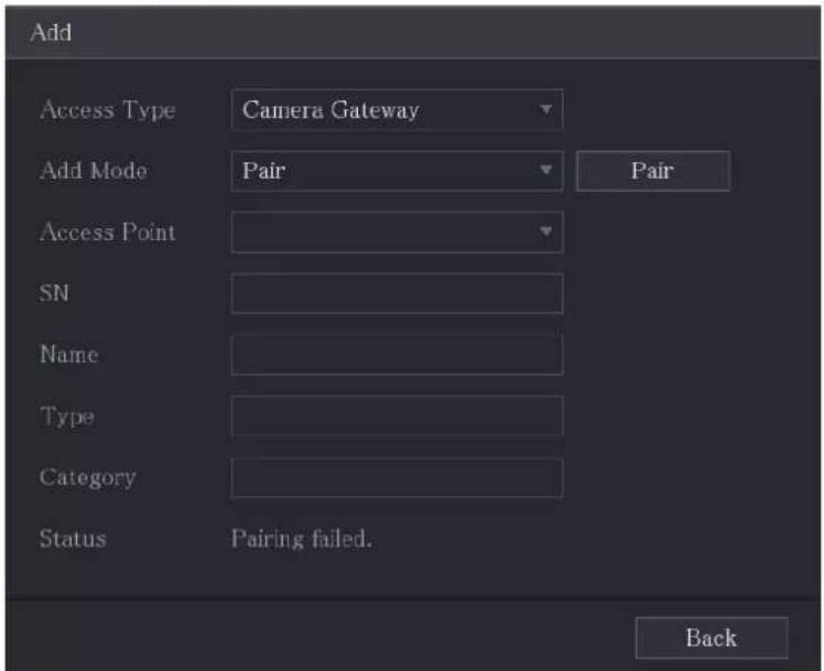 Add Access Type Camera Gateway Add Mode Pair Pair Access Point SN Name Type Category Status Pairing failed. Back