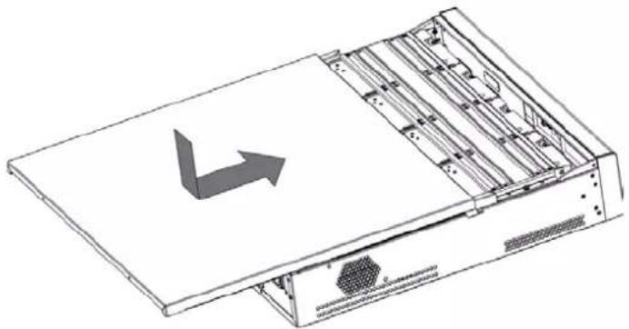 Technical line drawing of a server rack with an open lid and internal compartments (no text or symbols)