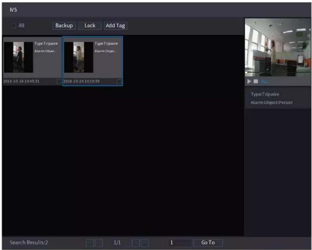 IVS All Backup Lock Add Tag Type: Tripwire Alarm Objec... 2018-10-24 10:05:31 2018-10-24 10:10:59 Type: Tripwire Alarm Objec:Person Search Results:2 1/1 1 Go To