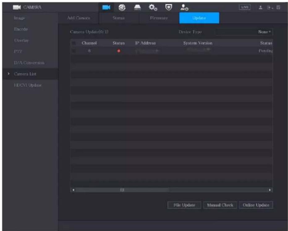 CAMERA Image Encode Overlay PTZ D/A Conversion Camera List EPCVI Update Add Camera Status Formware Update Camera Update(0 / 1) Device Type None * Channel Status IP Address System Version Status 8 Pending File Update Manual Check Online Update