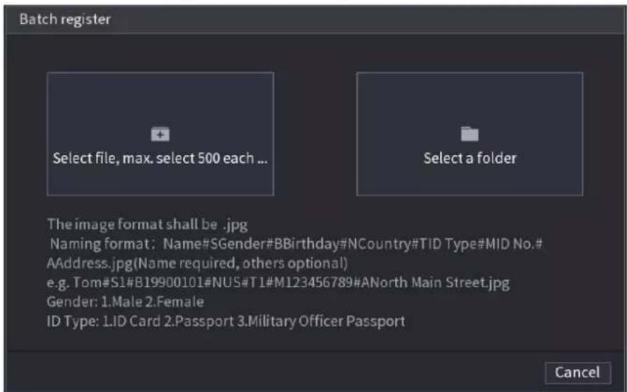 Batch register Select file, max. select 500 each ... Select a folder The image format shall be .jpg Naming format: Name#SGender#BBirthday#NCountry#TID Type#MID No.# AAddress.jpg(Name required, others optional) e.g. Tom#S1#B19900101#NUS#T1#M123456789#ANorth Main Street.jpg Gender: 1.Male 2.Female ID…