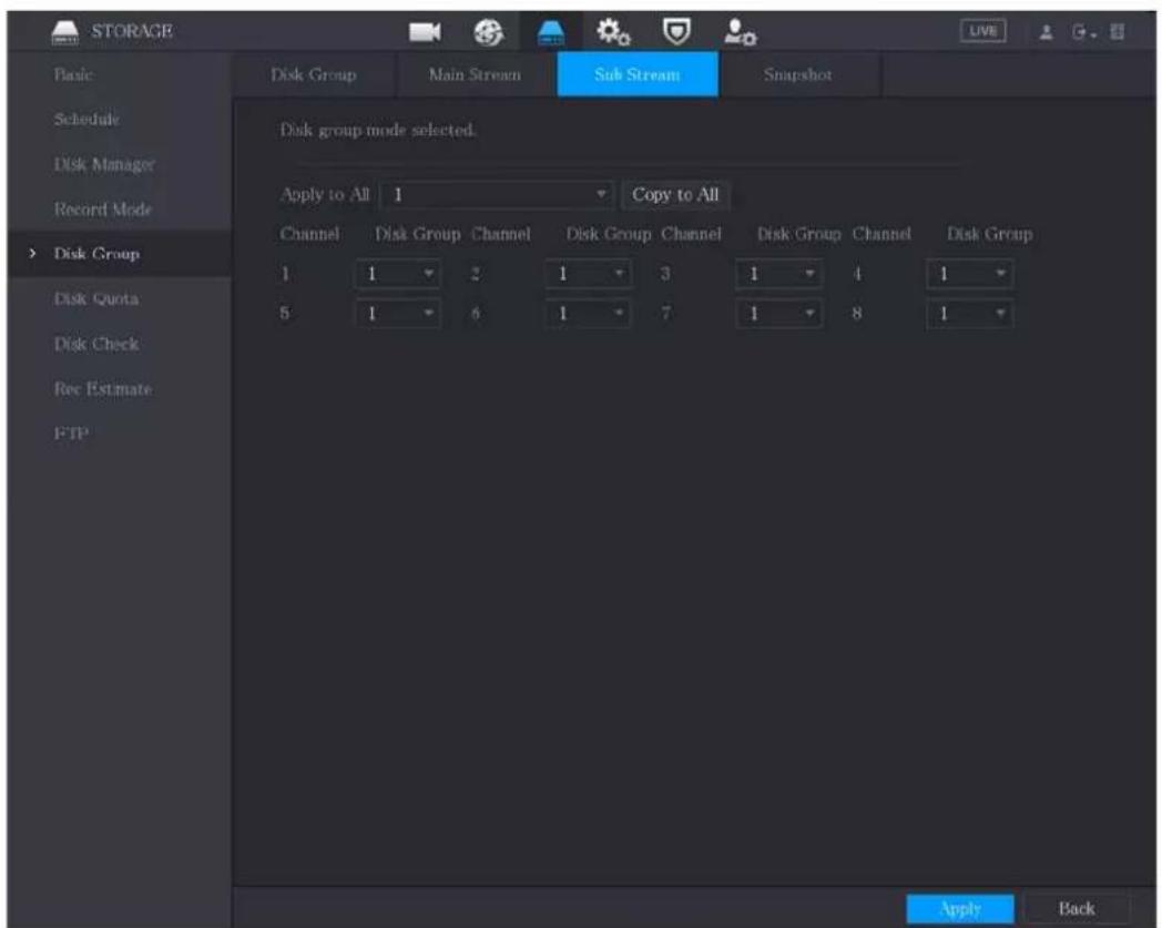 STORAGE Basic Schedule Disk Manager Record Mode Disk Group Disk Group mode selected. Apply to All 1 Copy to All Channel Disk Group Channel Disk Group Channel Disk Group Channel Disk Group 1 1 2 1 3 1 4 1 5 1 6 1 7 1 8 1 Apply Back