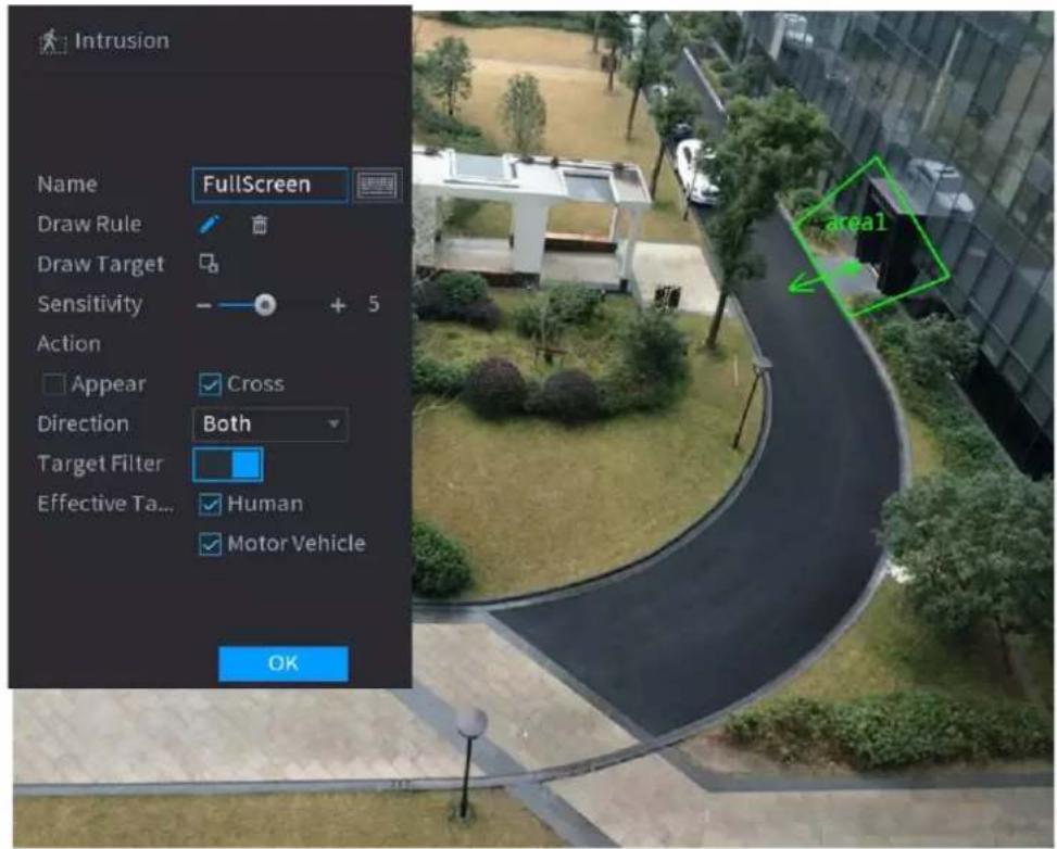 Intrusion Name FullScreen Draw Rule Draw Target Sensitivity + 5 Action Appear Cross Direction Both Target Filter Effective Ta... Human Motor Vehicle OK area1