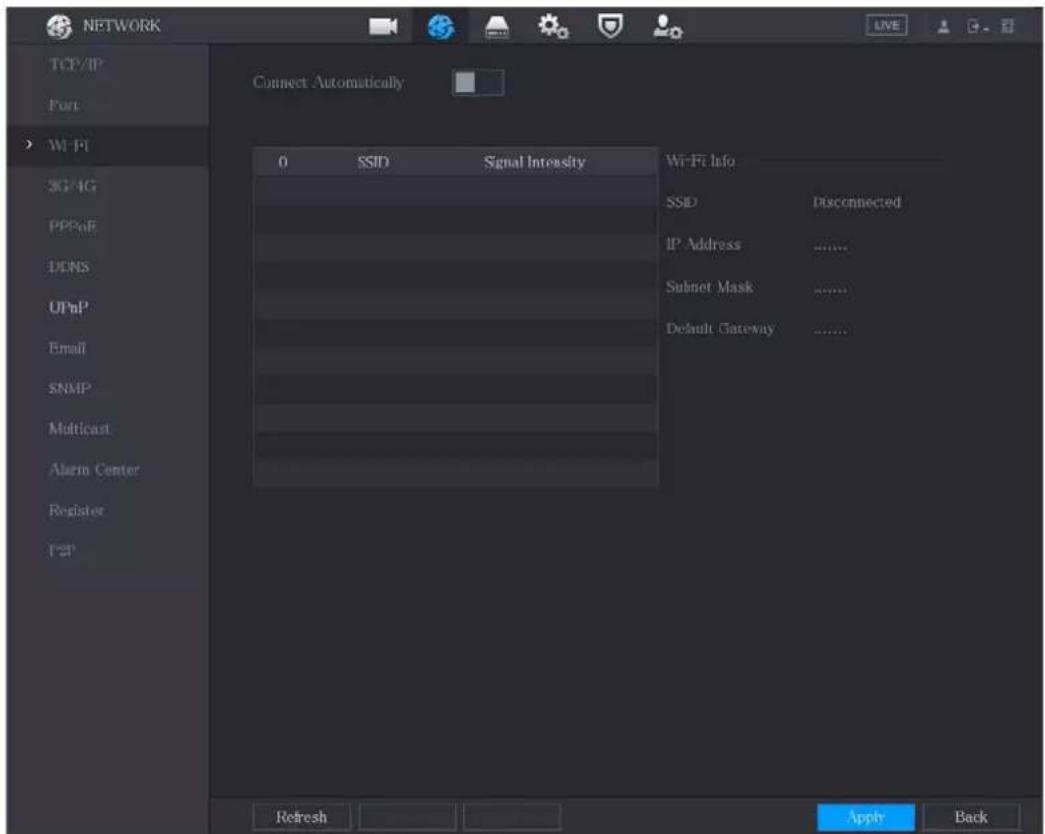 NETWORK TCP/IP Port Wi-Fi 3G/4G PPPoF DCNS UPnP Email SNMP Multicast Alarm Center Register T2P Connect Automatically 0 SSID Signal Intensity Wi-Fi Info SSID Disconnected IP Address ...... Sulnet Mask ...... Default Gateway ...... Refresh Apply Back