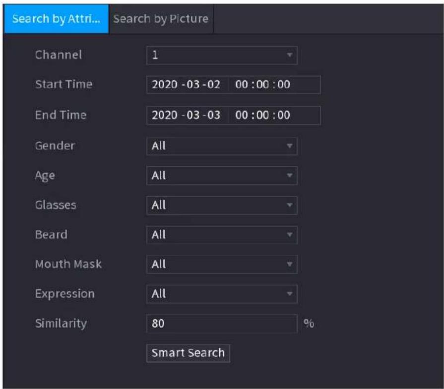 Search by Attri... Search by Picture Channel 1 Start Time 2020 -03 -02 00 :00 :00 End Time 2020 -03 -03 00 :00 :00 Gender All Age All Glasses All Beard All Mouth Mask All Expression All Similarity 80 % Smart Search